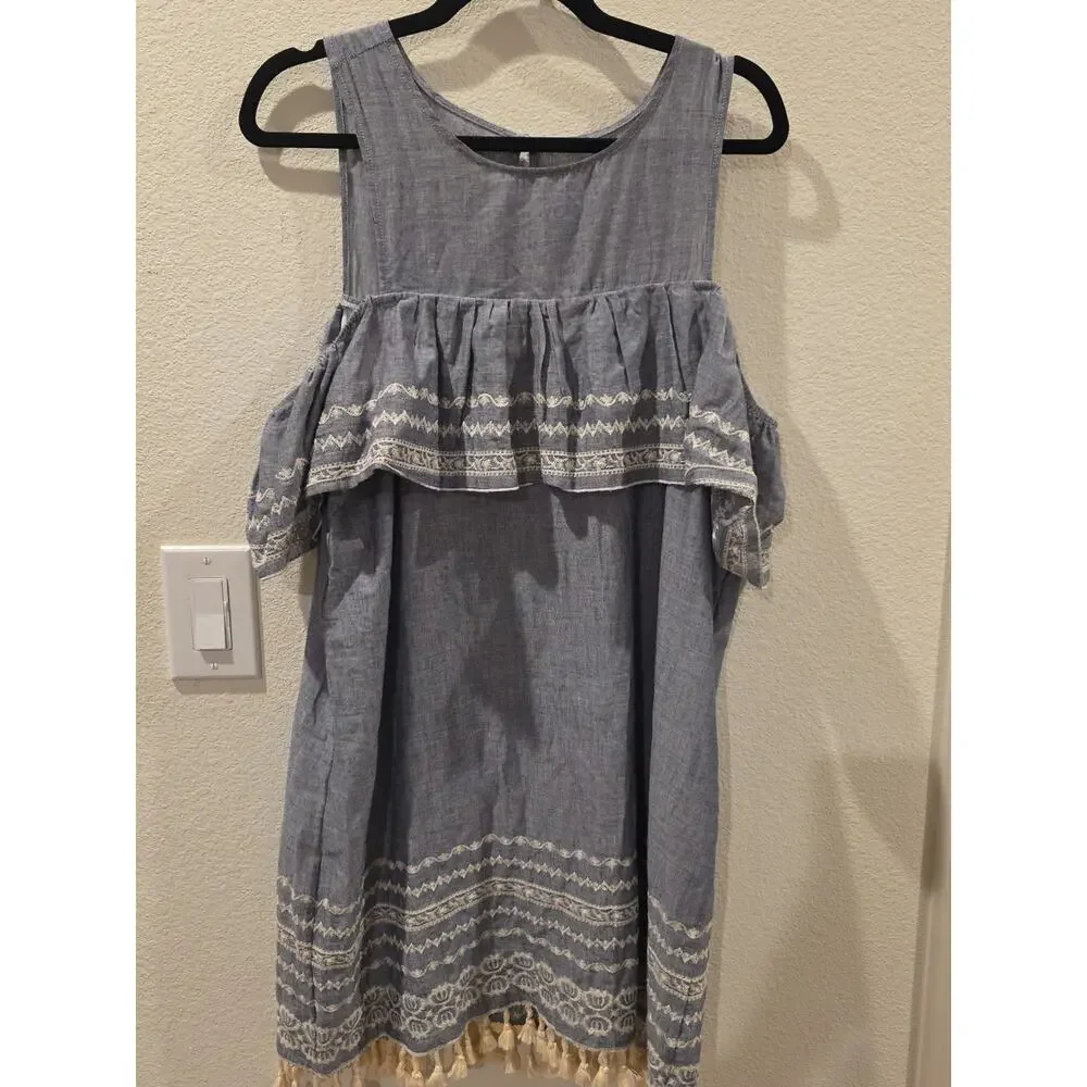 Mi Ami Francesca Blue Cold Shoulder Dress White Fringe Lace Sz L Western Boho - Picture 3 of 8